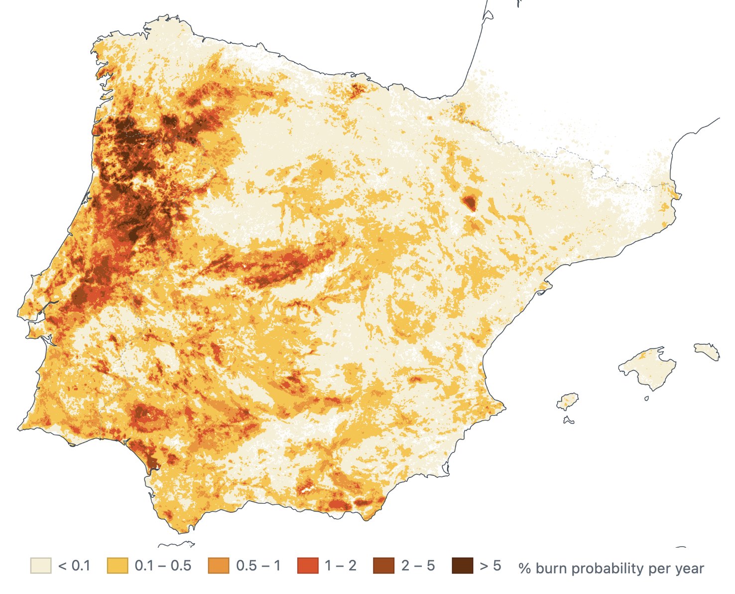 Map of the Iberian Peninsula showing annual burn probability per 100-metre cell, EnviFIRE v2 baseline