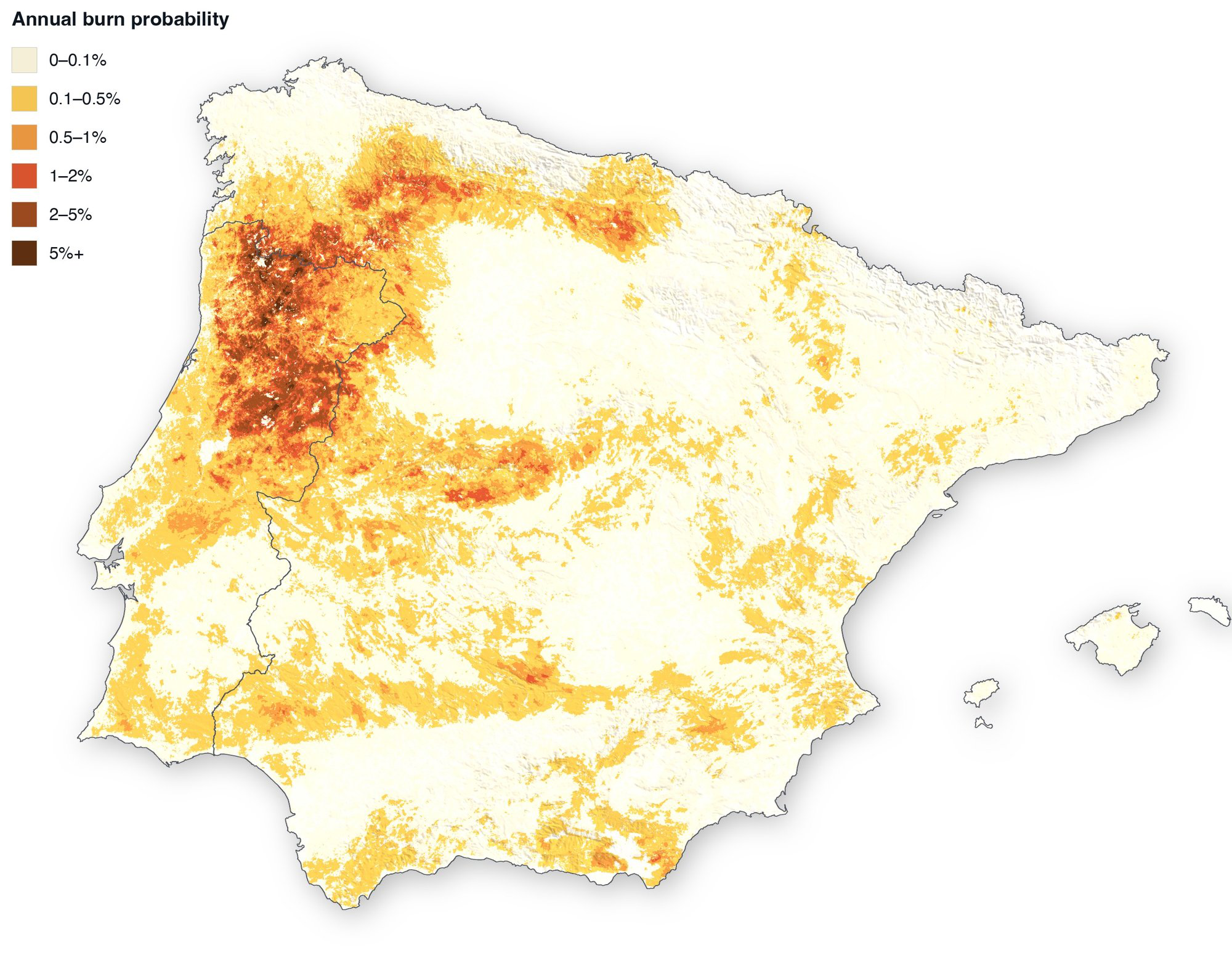 Map of the Iberian Peninsula showing annual burn probability per 100-metre cell