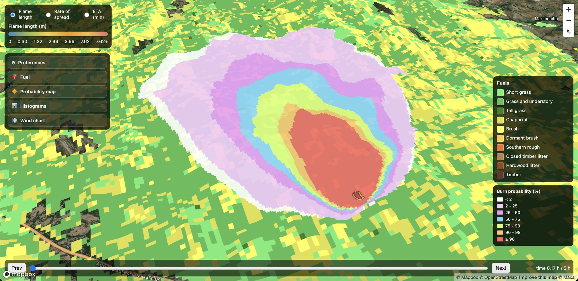 One simulated fire spreading over real terrain in Envitel's interactive viewer, with coloured burn-probability bands around the ignition point